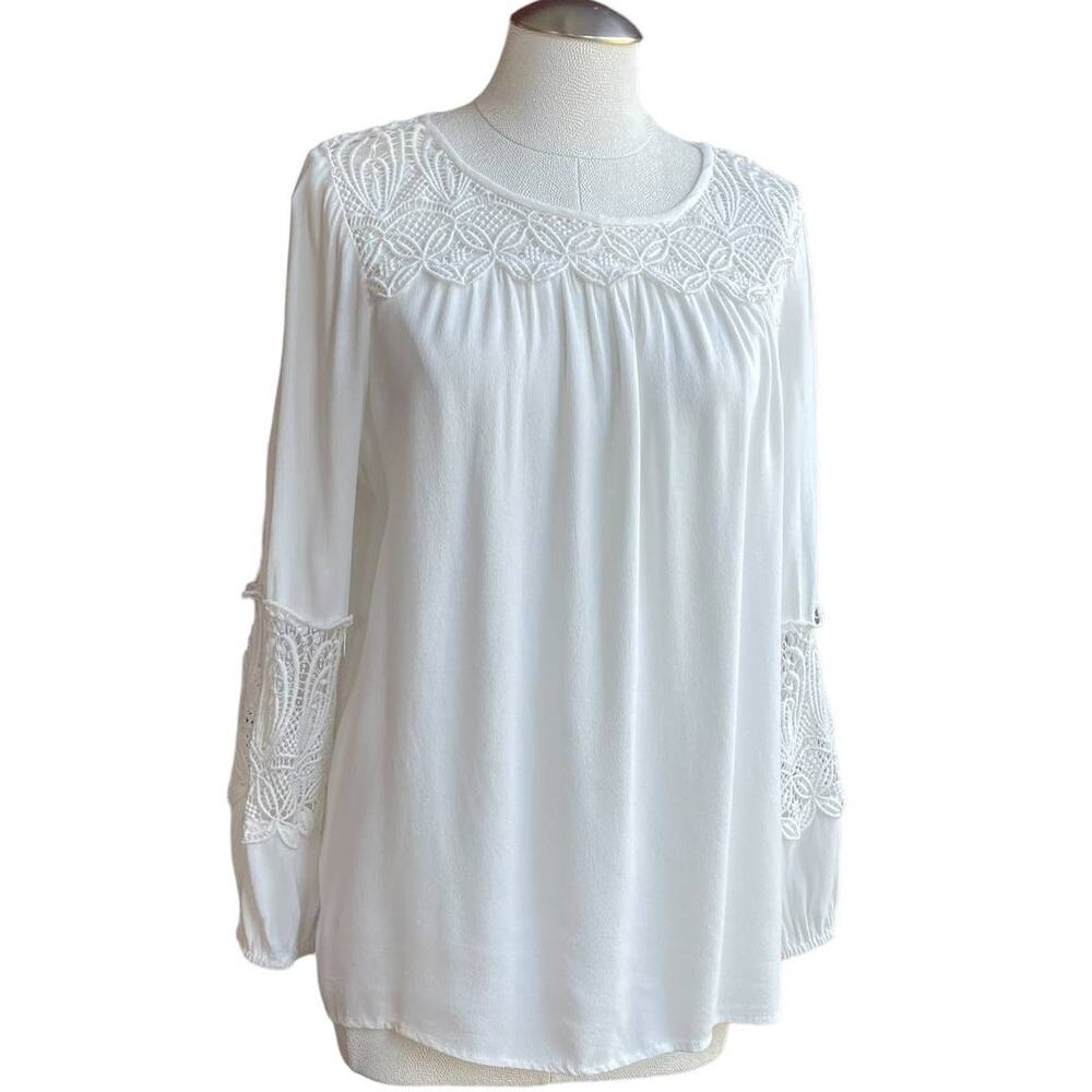 Women's Joie White Coastal Lace Inset Blouse Workwear Long Sleeve Pullover Top L